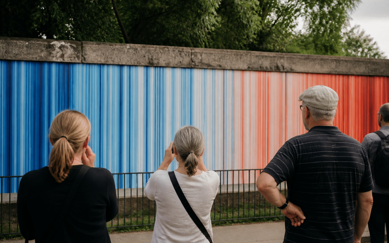 Bandes colorées affichées verticalement montrant progression du changement climatique