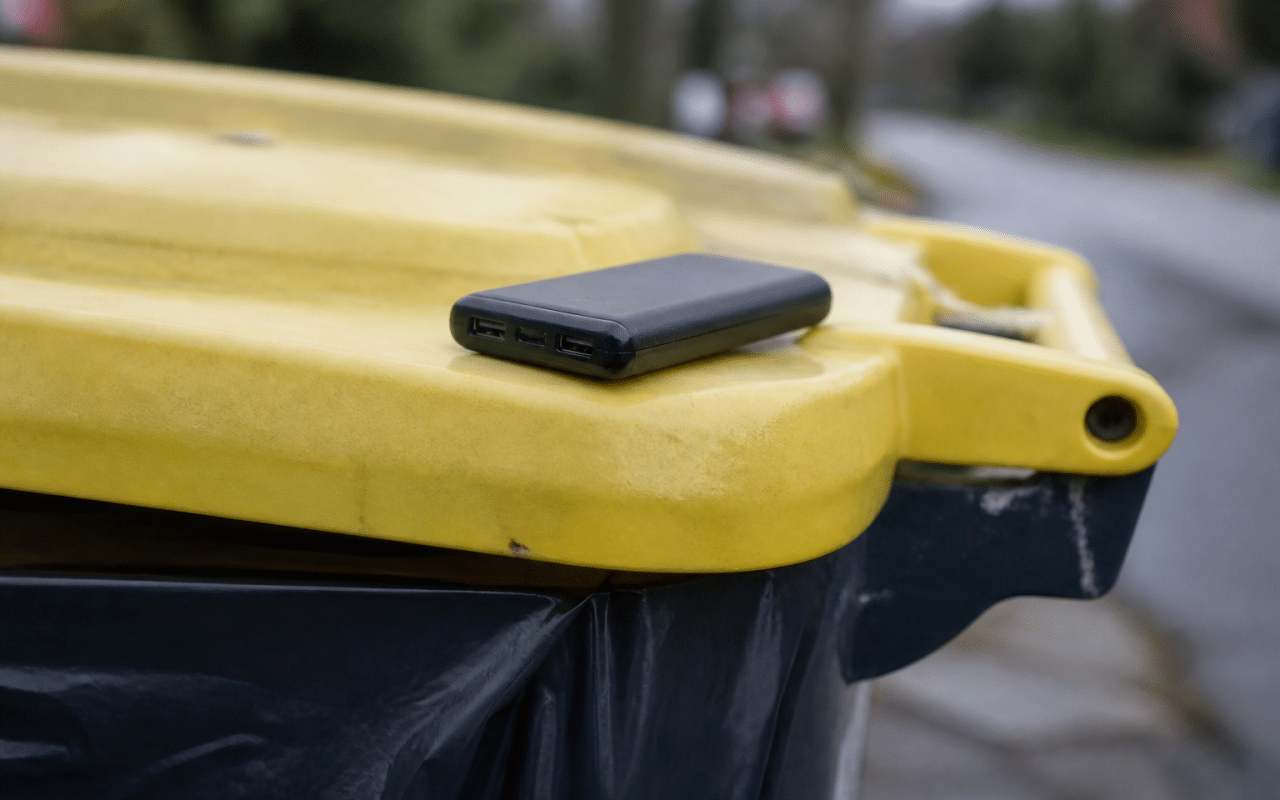 Batterie externe posee sur bac de recyclage ouvert