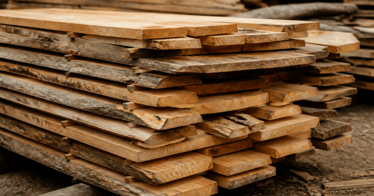 Planches de bois empilees attendant transformation en matieres premieres
