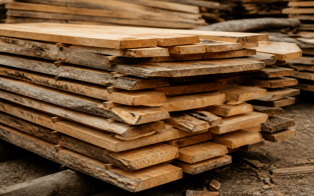 Planches de bois empilees attendant transformation en matieres premieres