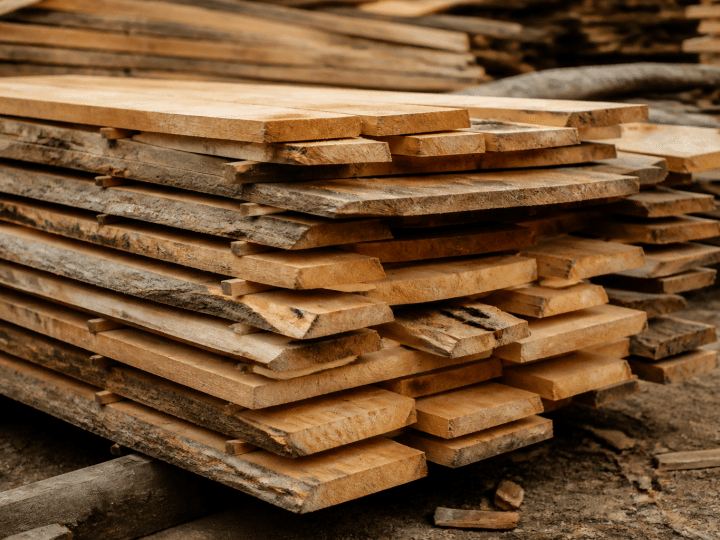 Planches de bois empilees attendant transformation en matieres premieres