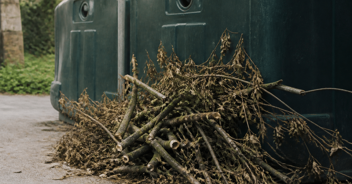 Tas de branches coupees posees contre conteneur recyclage