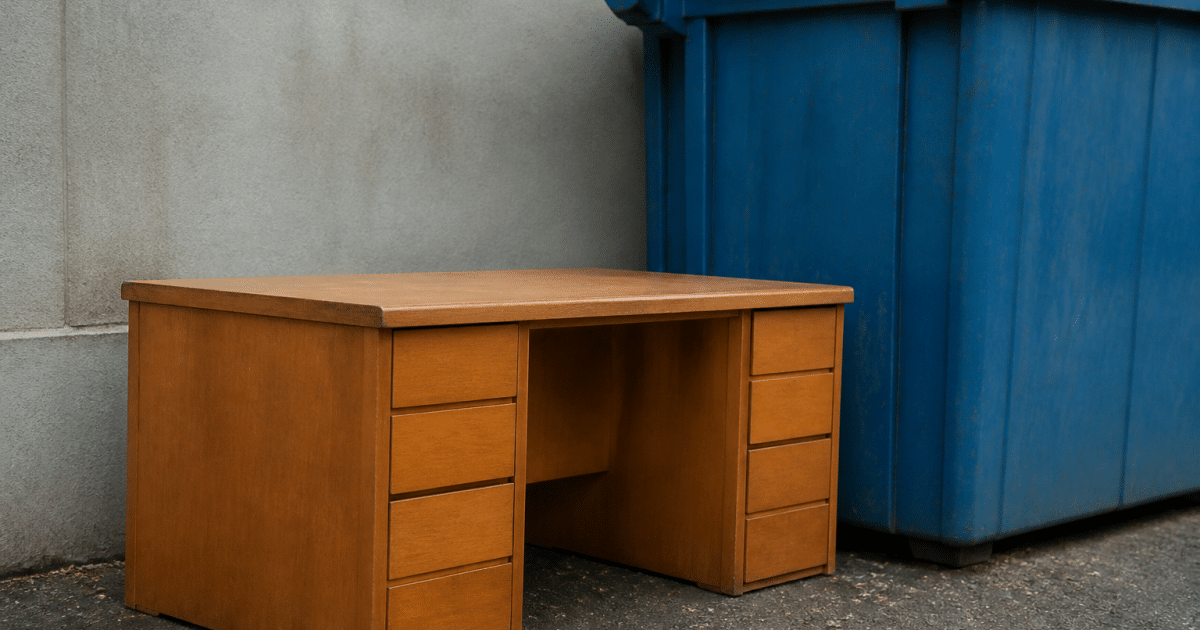 Bureau en bois pose horizontalement pres conteneur recyclage