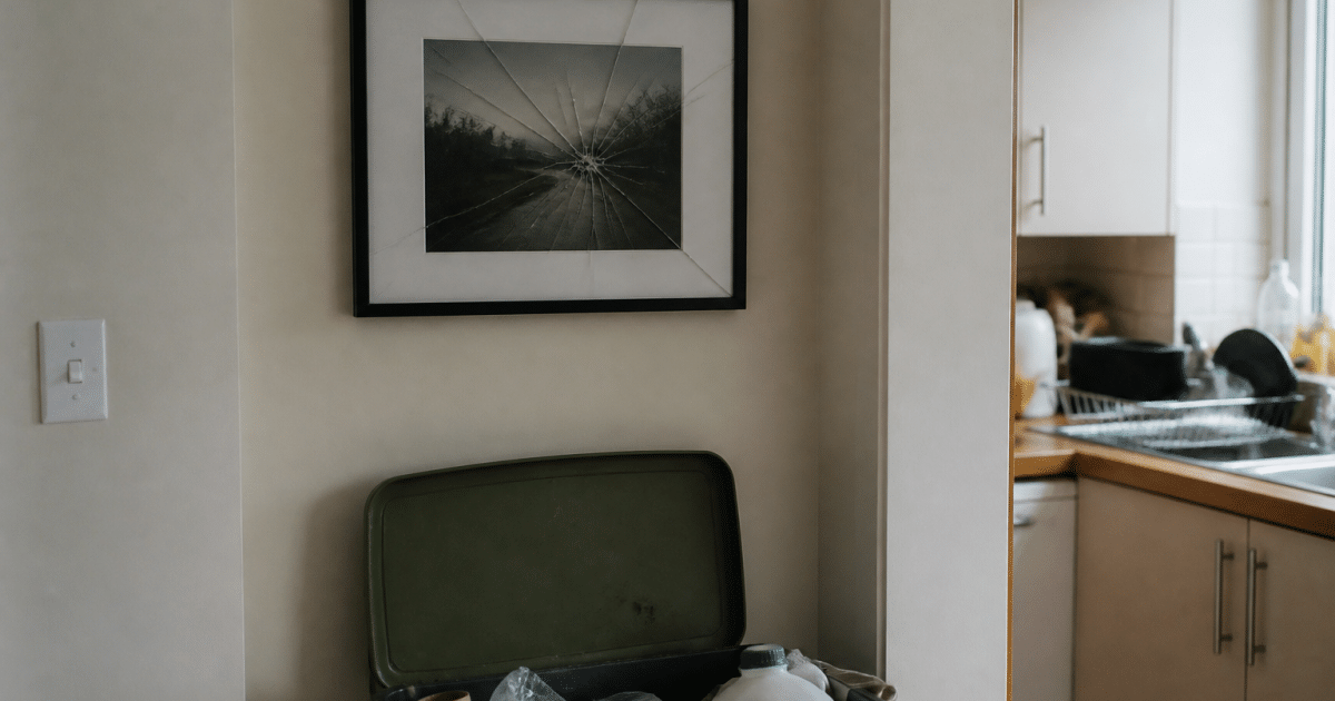Main tenant cadre photo cassé au-dessus bac recyclage ouvert