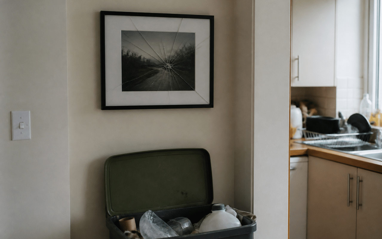 Main tenant cadre photo cassé au-dessus bac recyclage ouvert