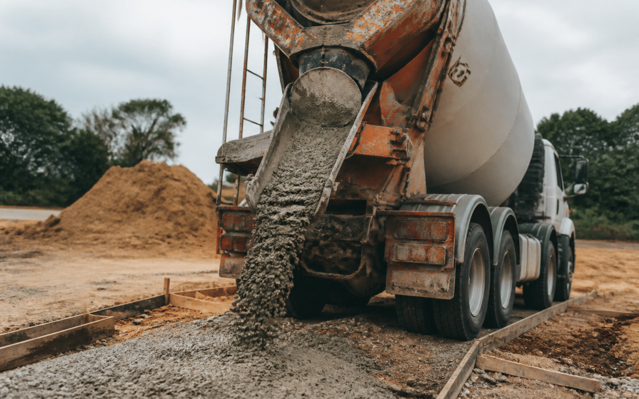 Camion benne déversant béton frais sur chantier construction