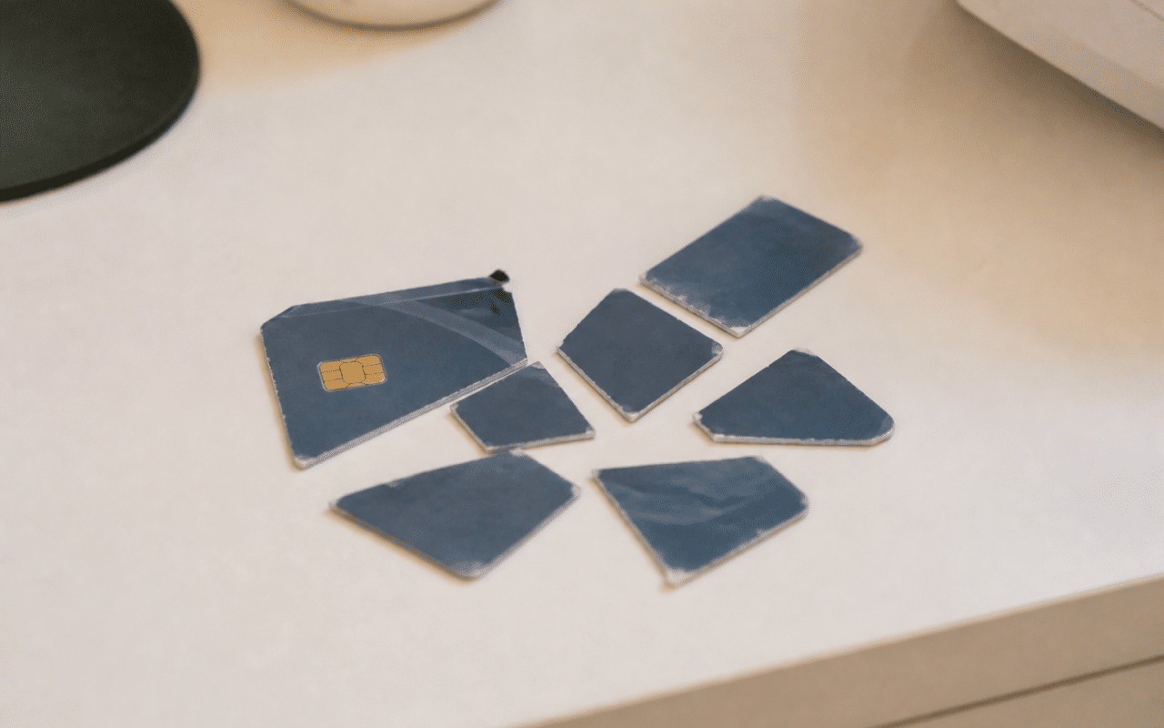 Carte bancaire usagee coupee en morceaux sur table blanche