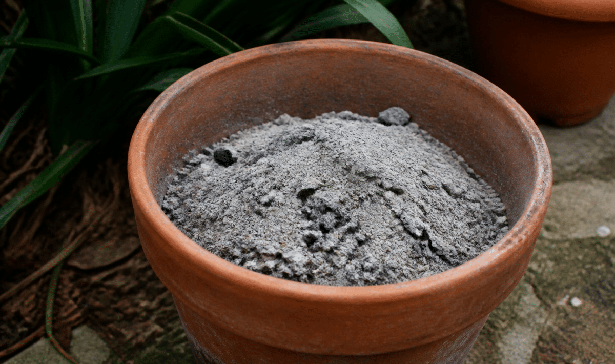 Tas de cendres grises versees dans pot terre jardin