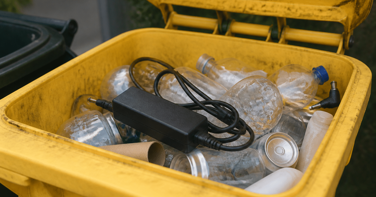 Chargeur electrique pose dans bac recyclage jaune ouvert