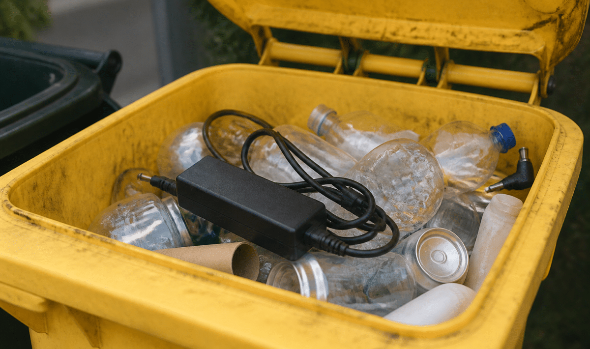 Chargeur electrique pose dans bac recyclage jaune ouvert