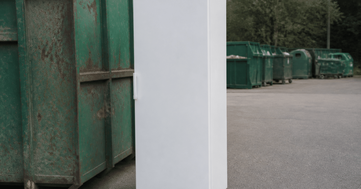 Grand congelateur blanc pose verticalement devant centre recyclage