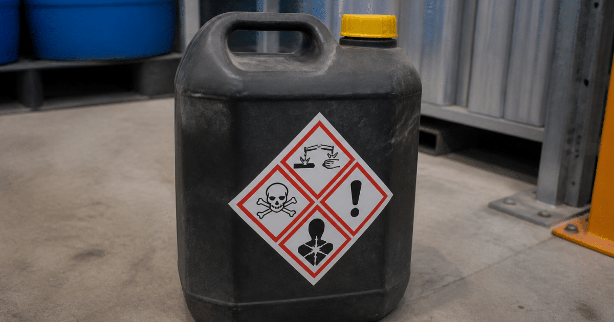 Conteneur de dechets chimiques etiquete avec symboles danger