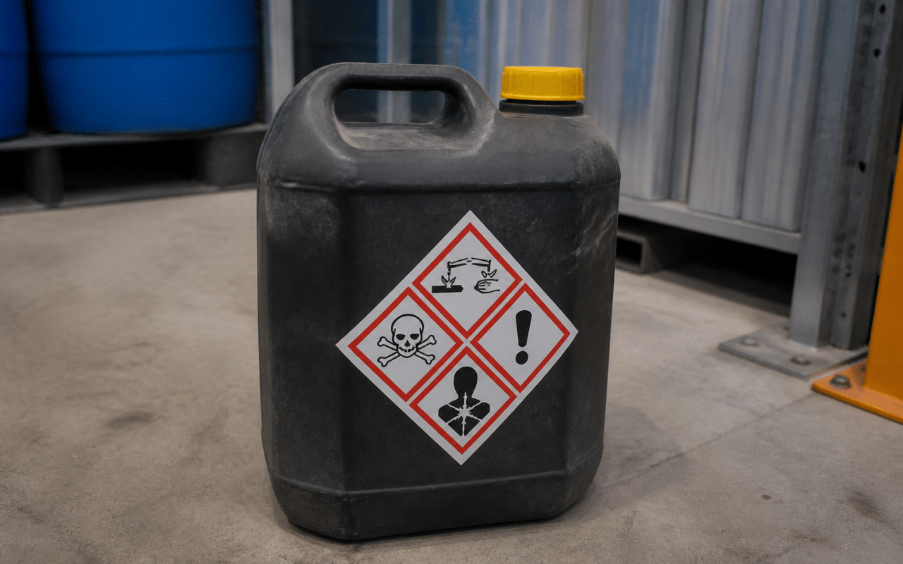 Conteneur de dechets chimiques etiquete avec symboles danger
