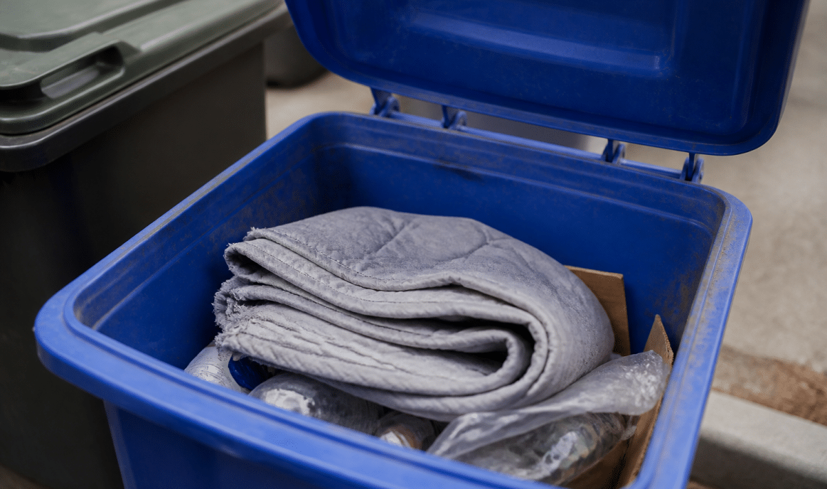 Couverture pliee posee dans un bac de recyclage ouvert