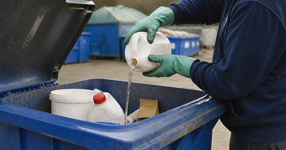 Mains versant produit chimique dans bac recyclage exterieur