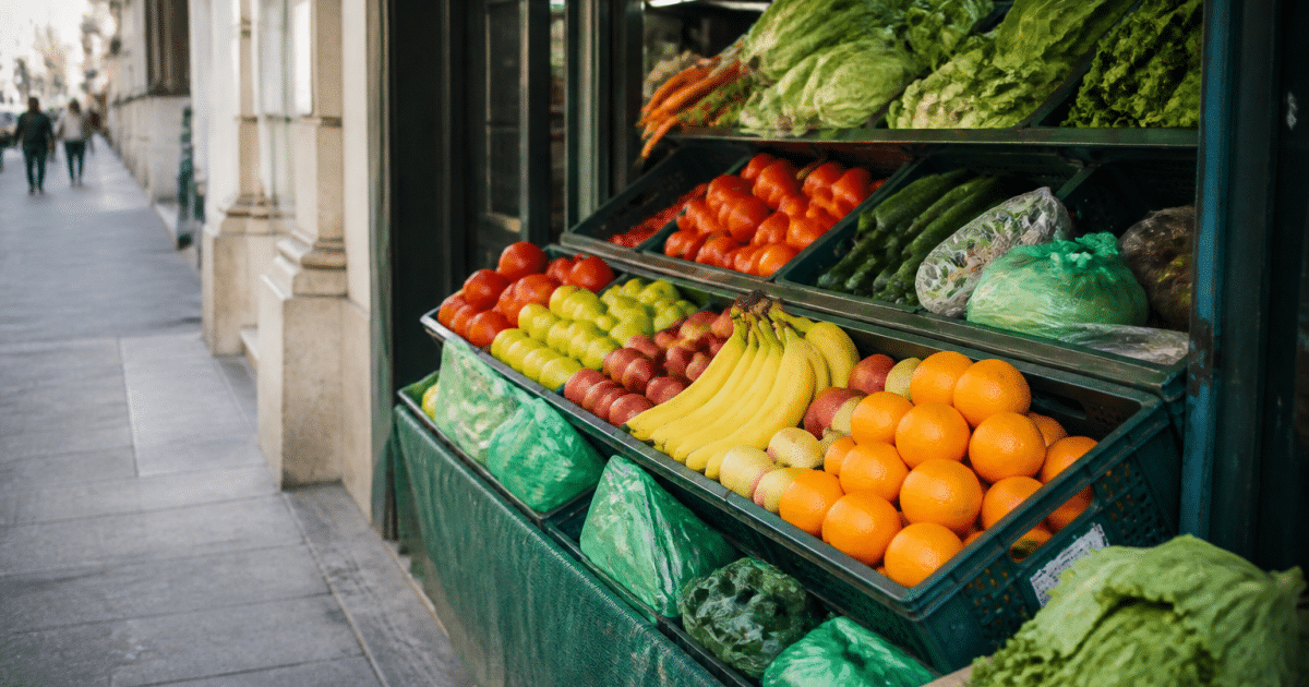 Distributeur exterieur affichant fruits et legumes frais empiles verticalement