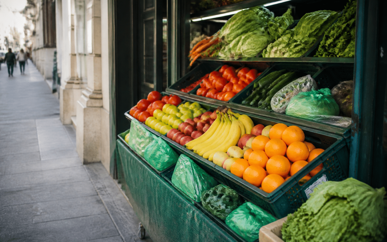 Distributeur exterieur affichant fruits et legumes frais empiles verticalement
