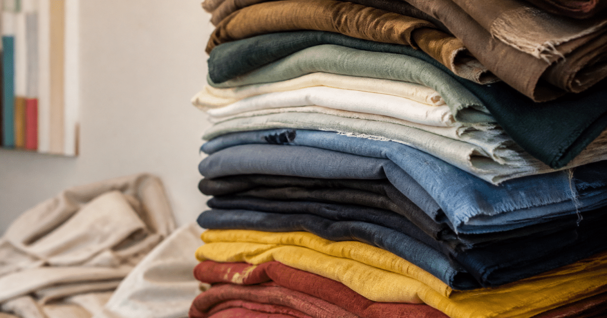 Draps deplies montrant des pieces de tissu recyclee empilees verticalement
