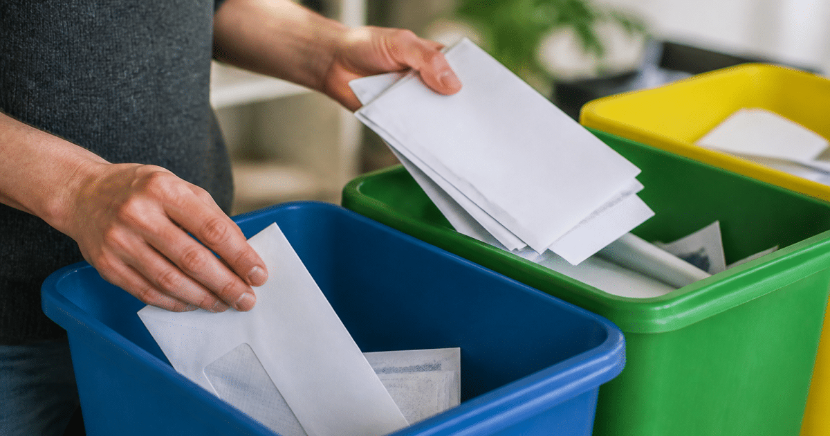 Mains triant enveloppes blanches dans bacs recyclage separés