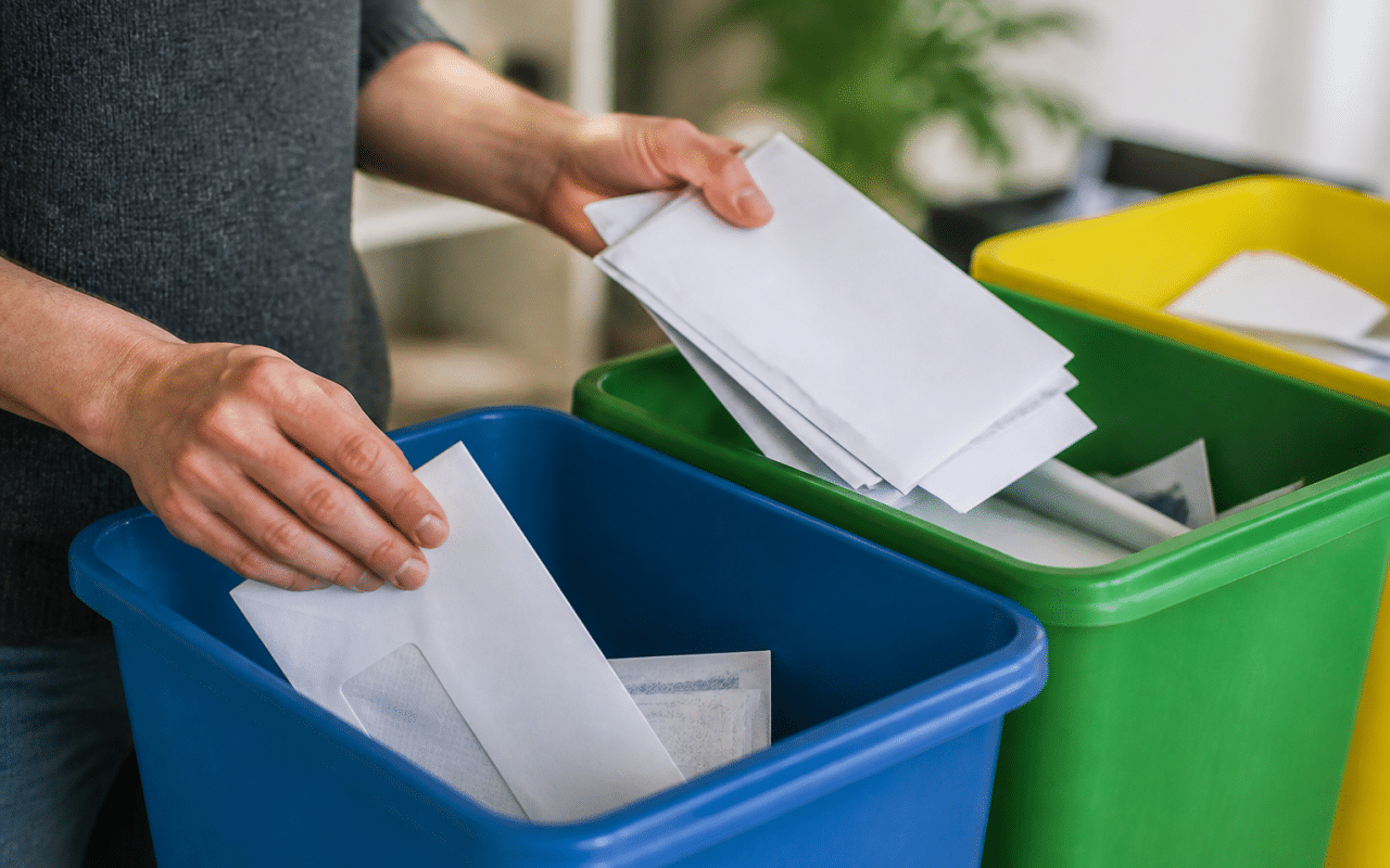 Mains triant enveloppes blanches dans bacs recyclage separés