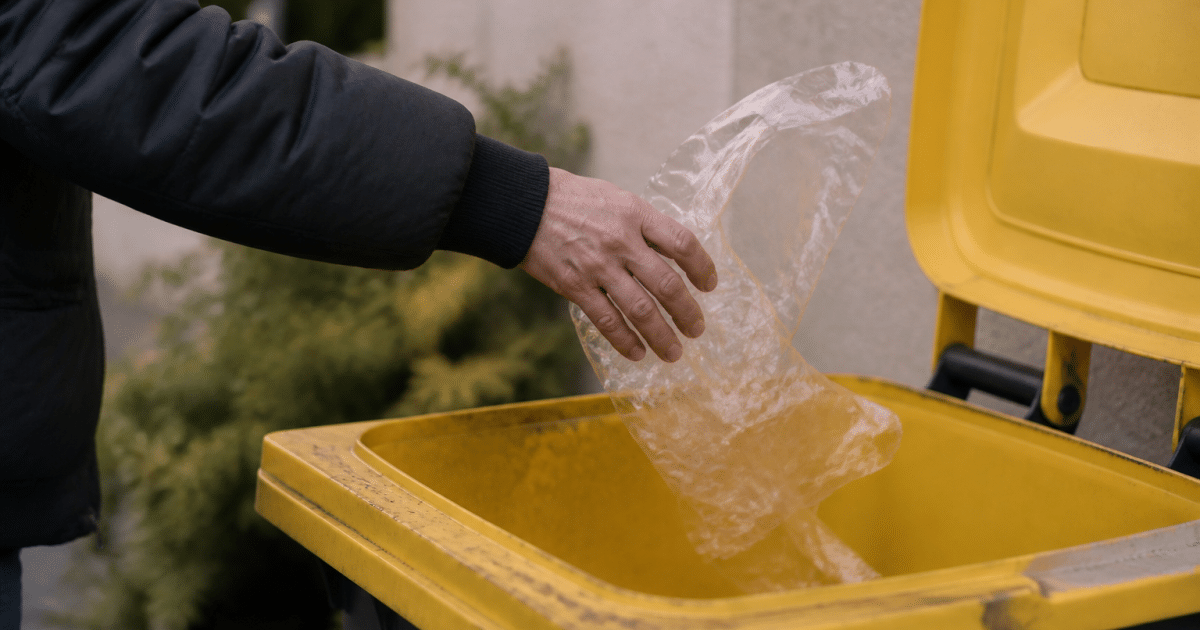 Main jetant film plastique transparent dans bac recyclage jaune
