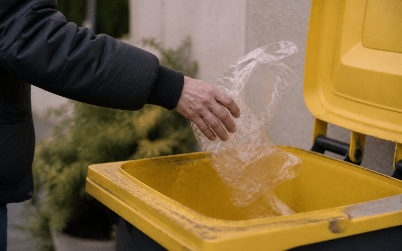 Main jetant film plastique transparent dans bac recyclage jaune