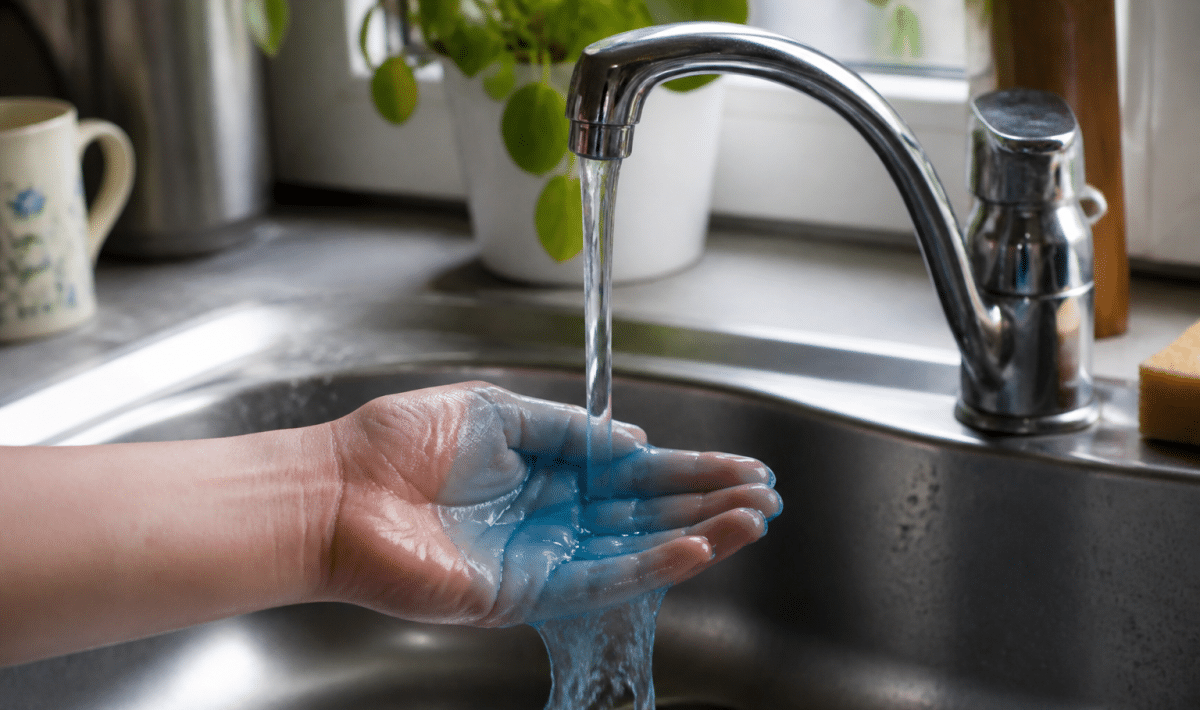 Main versant liquide bleute dans evier cuisine robinet ouvert