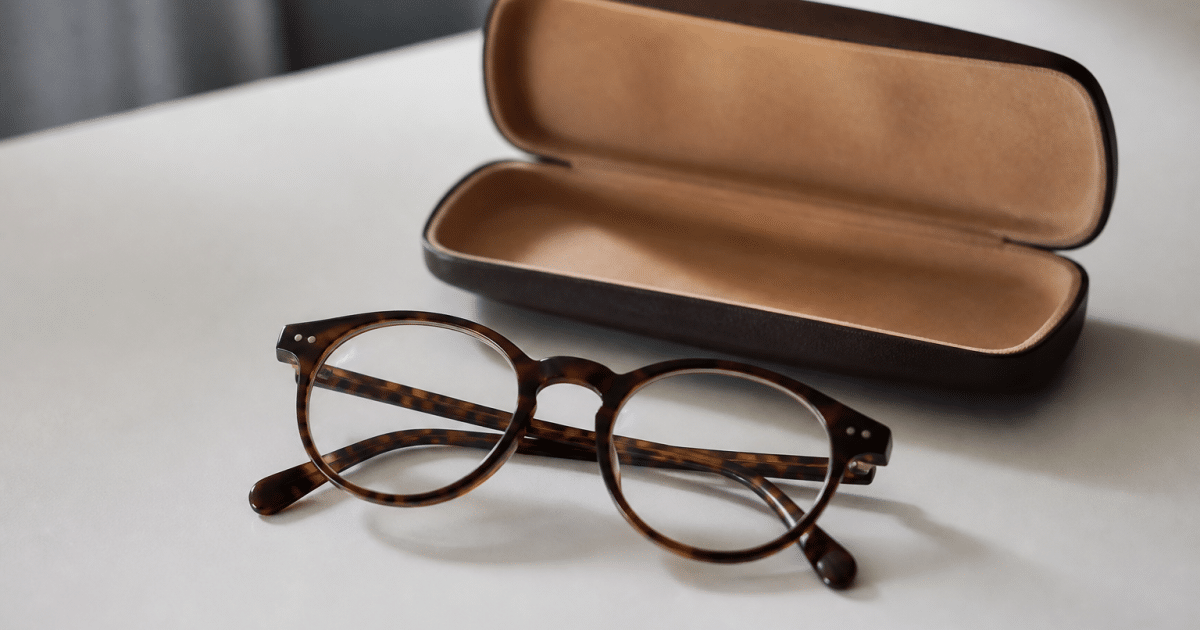 Paire de lunettes posees sur surface blanche avec etui ouvert