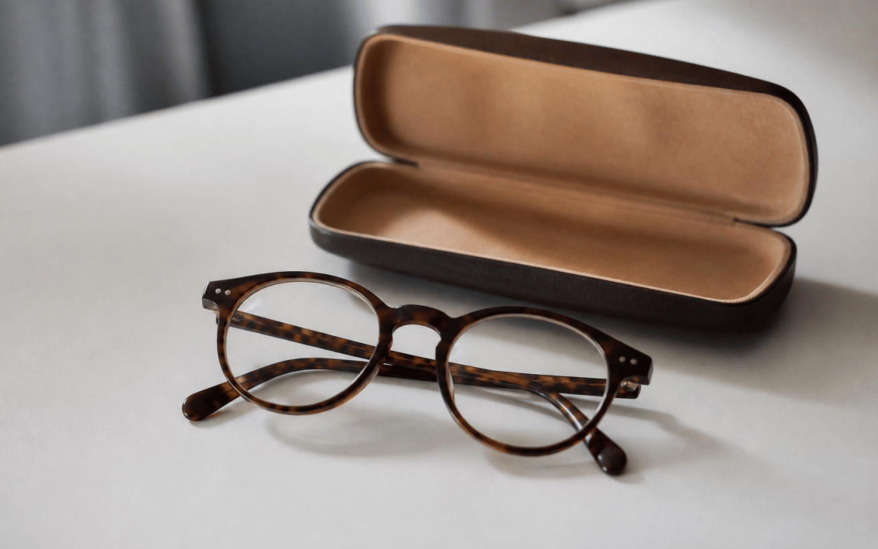 Paire de lunettes posees sur surface blanche avec etui ouvert