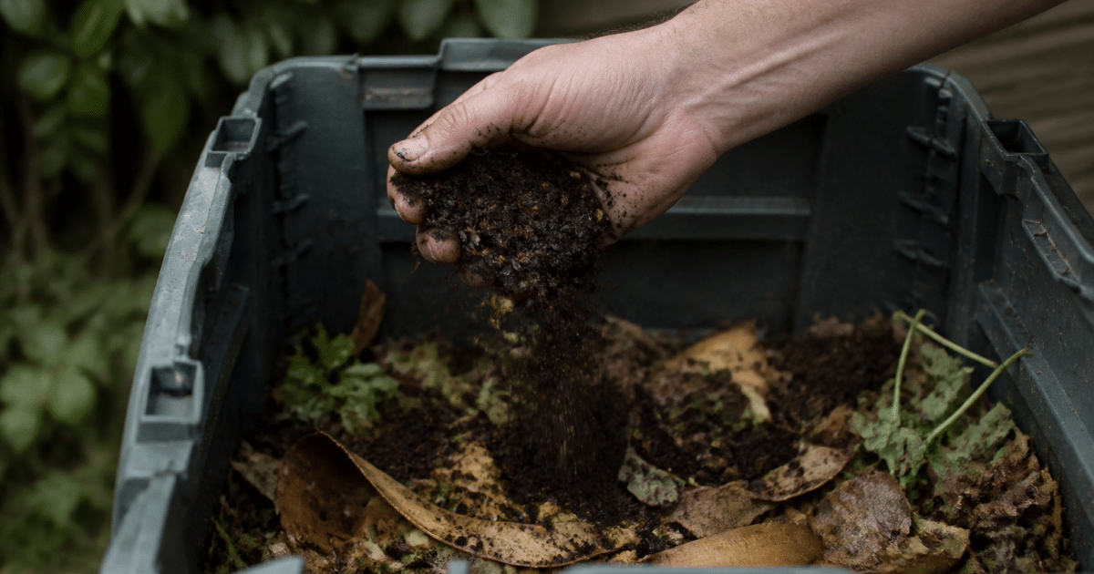 Main versant marc cafe humide dans bac compost gris