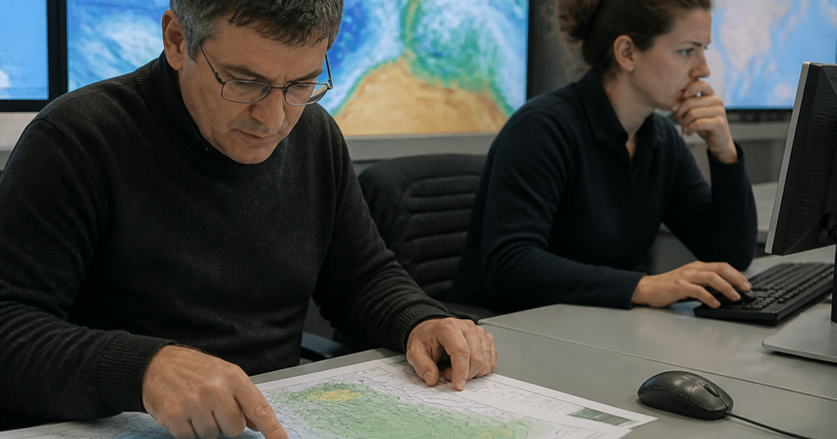 Meteorologue consultant cartes meteo tandis que climatologuue examine donnees long terme