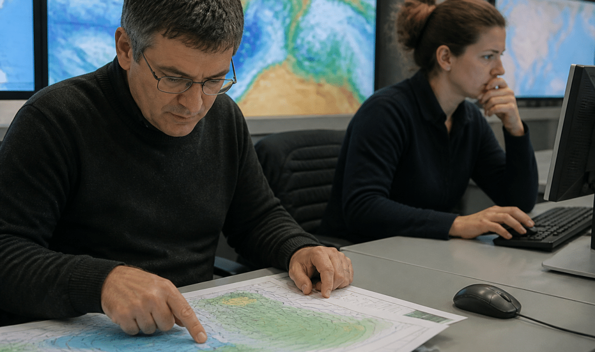 Meteorologue consultant cartes meteo tandis que climatologuue examine donnees long terme