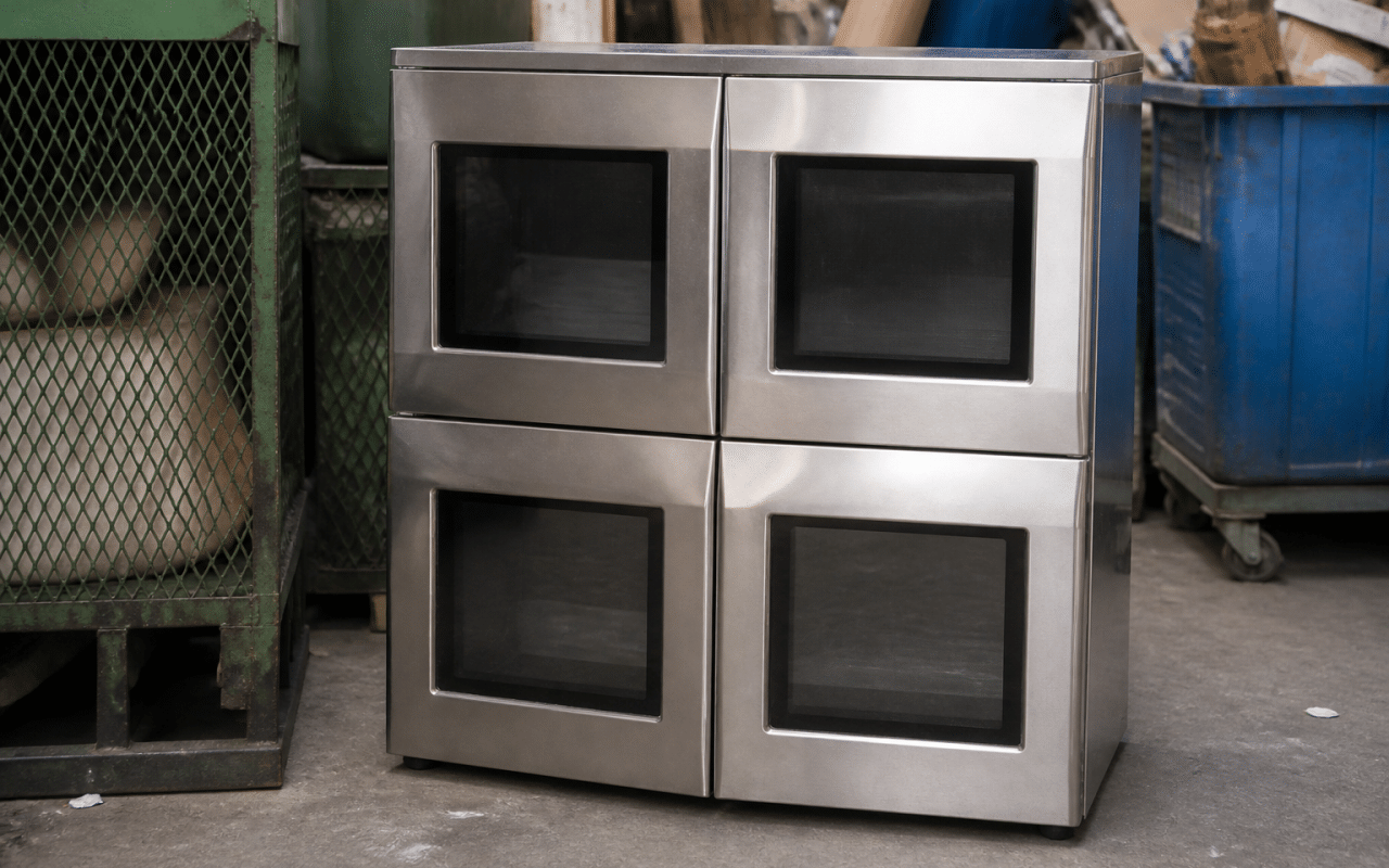 Four-door microwave oven positioned upright on recycling center floor