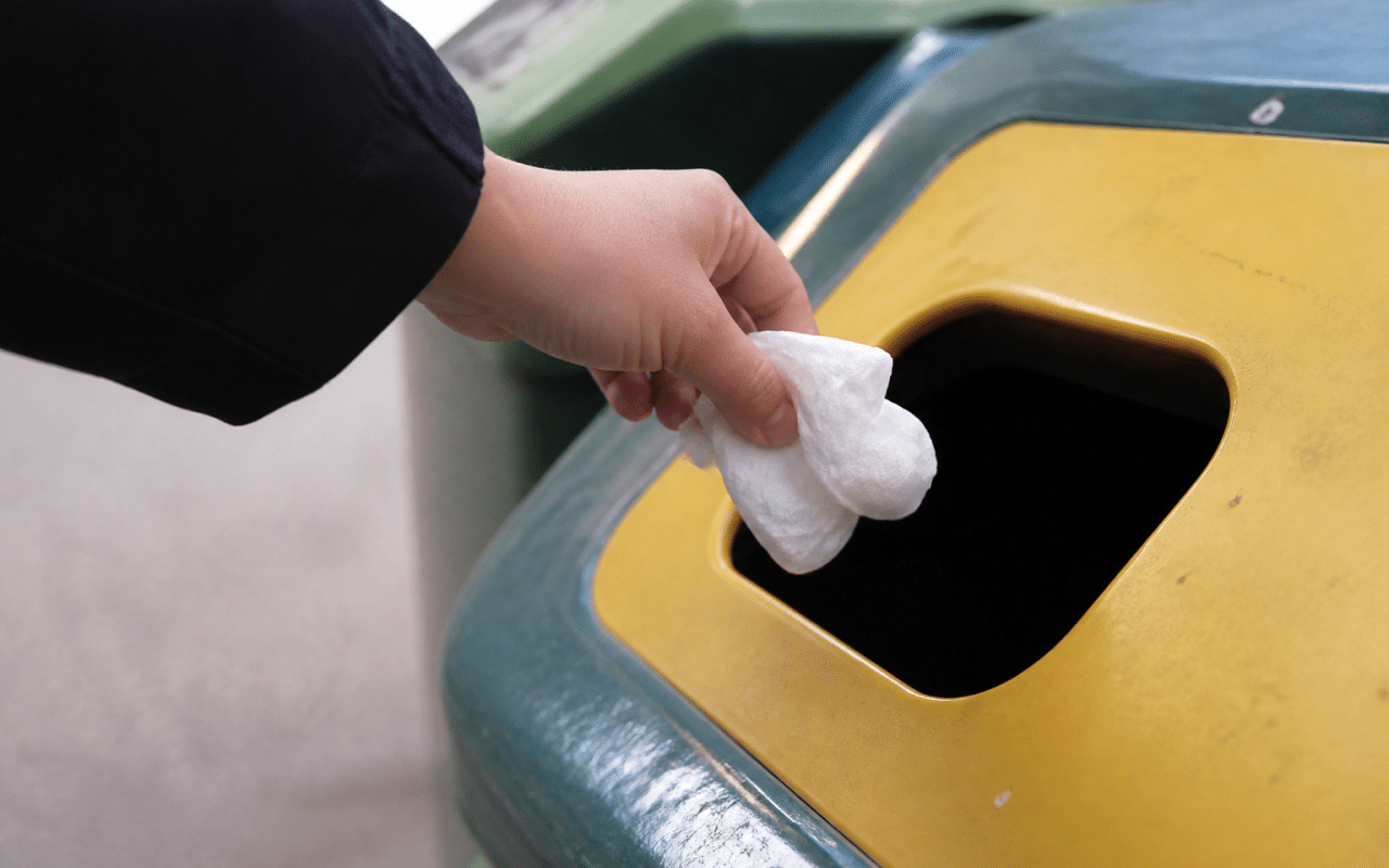 Main deposant mouchoir usage dans bac recyclage selectif