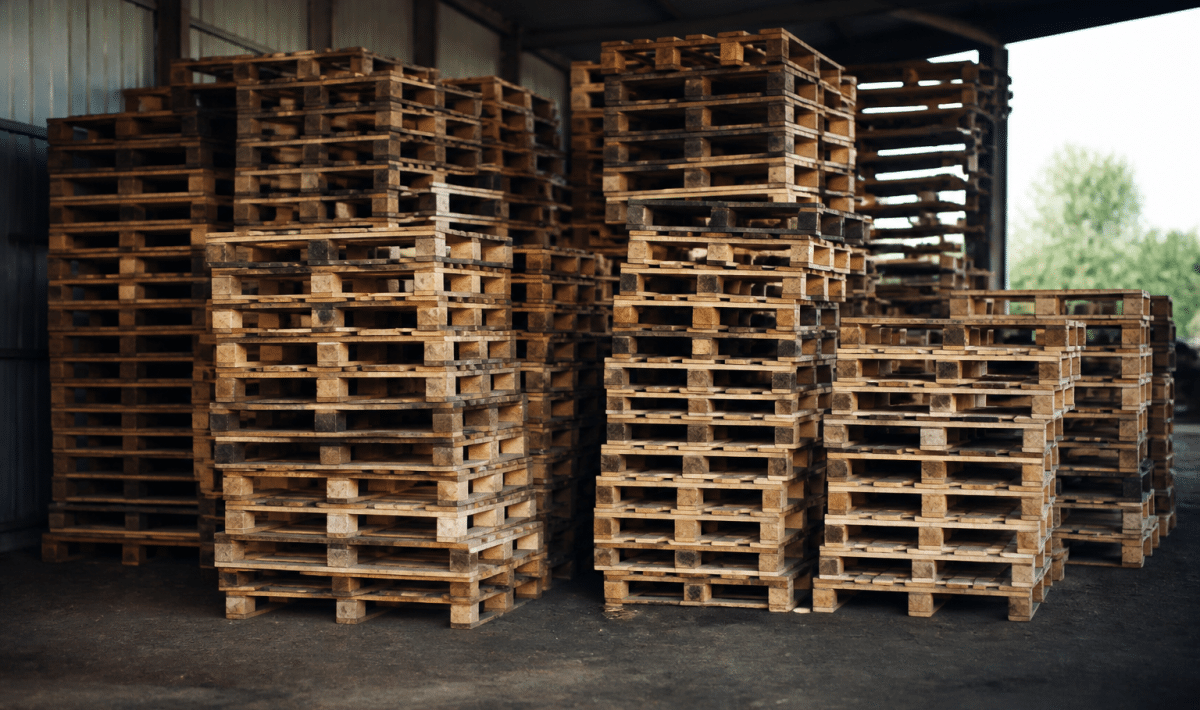 Palettes bois empilees dans entrepot de collecte et tri