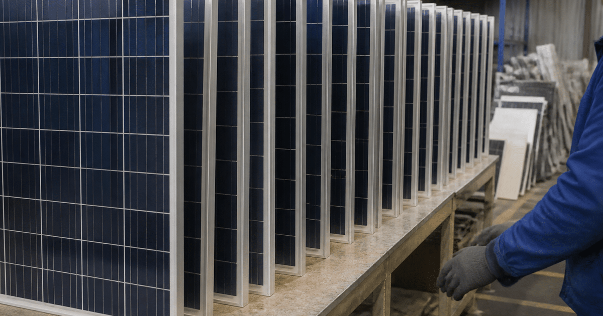 Panneaux solaires demontés poses verticalement sur table de tri