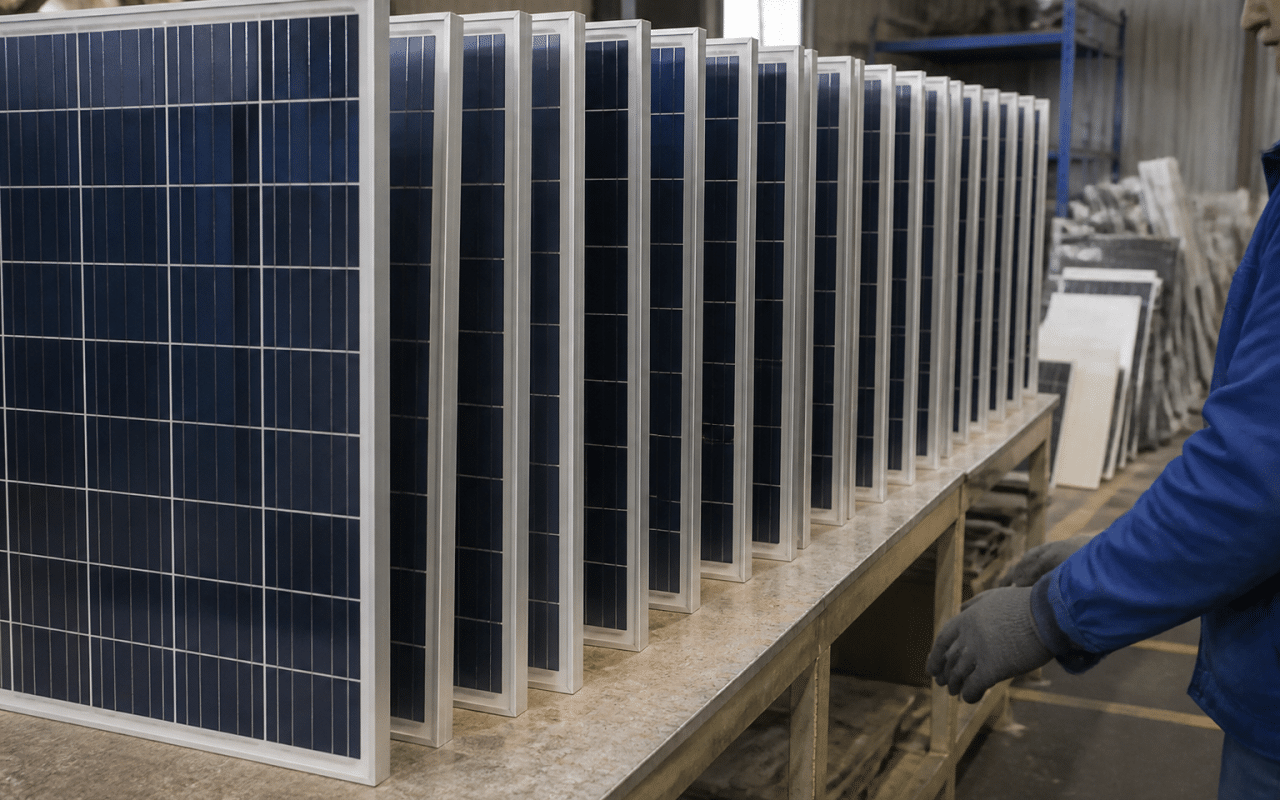 Panneaux solaires demontés poses verticalement sur table de tri