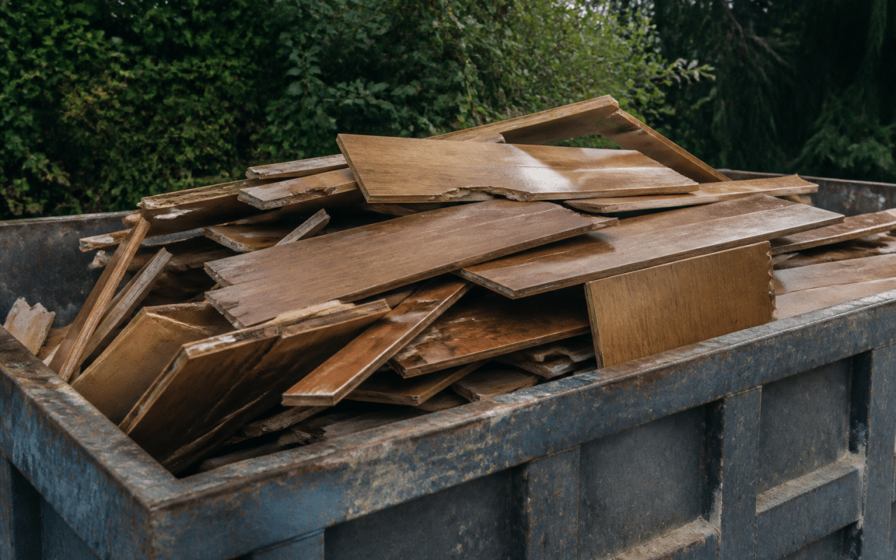 Planches parquet empilees dans benne recyclage exterieur