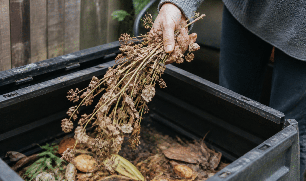 Main tenant plante desechee au-dessus bac compost ouvert