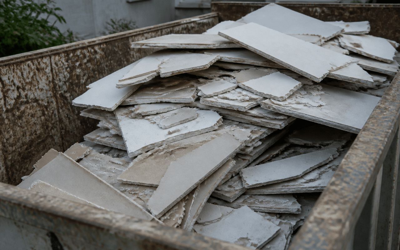 Debris de plaques de platre empilees dans benne recyclage