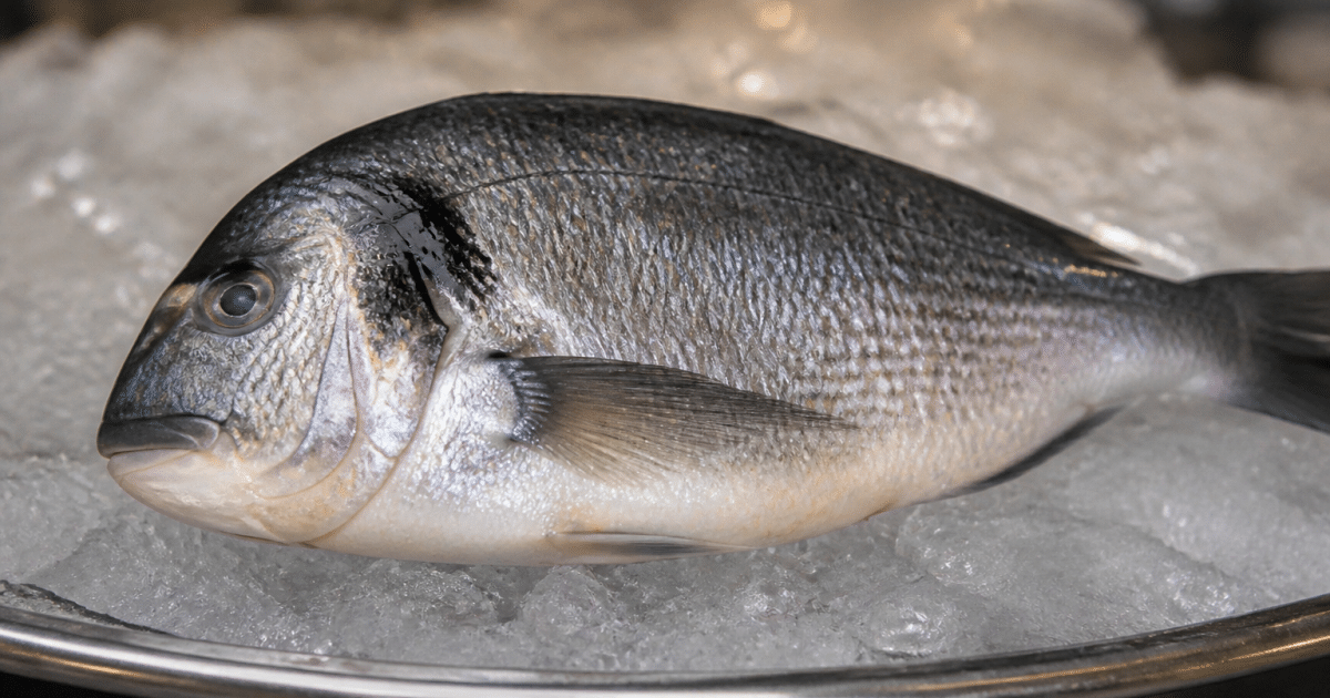 Main tenant poisson entier sur plateau glacé brillant