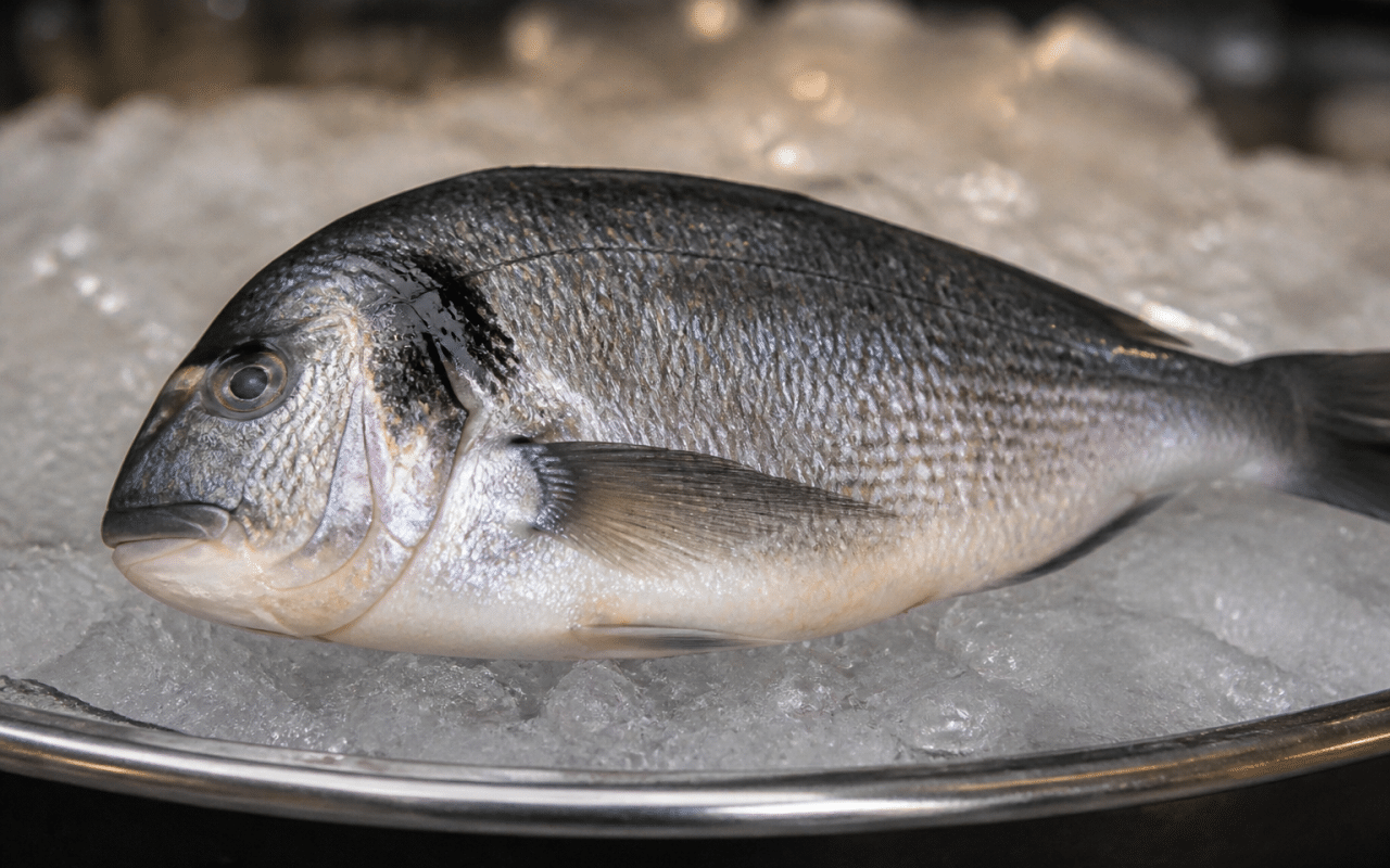 Main tenant poisson entier sur plateau glacé brillant