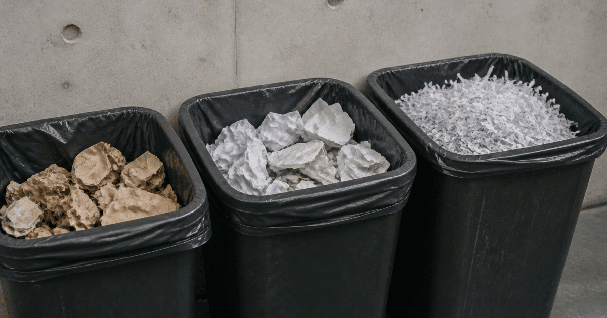 Trois poubelles alignees contenant papier usage de differentes textures