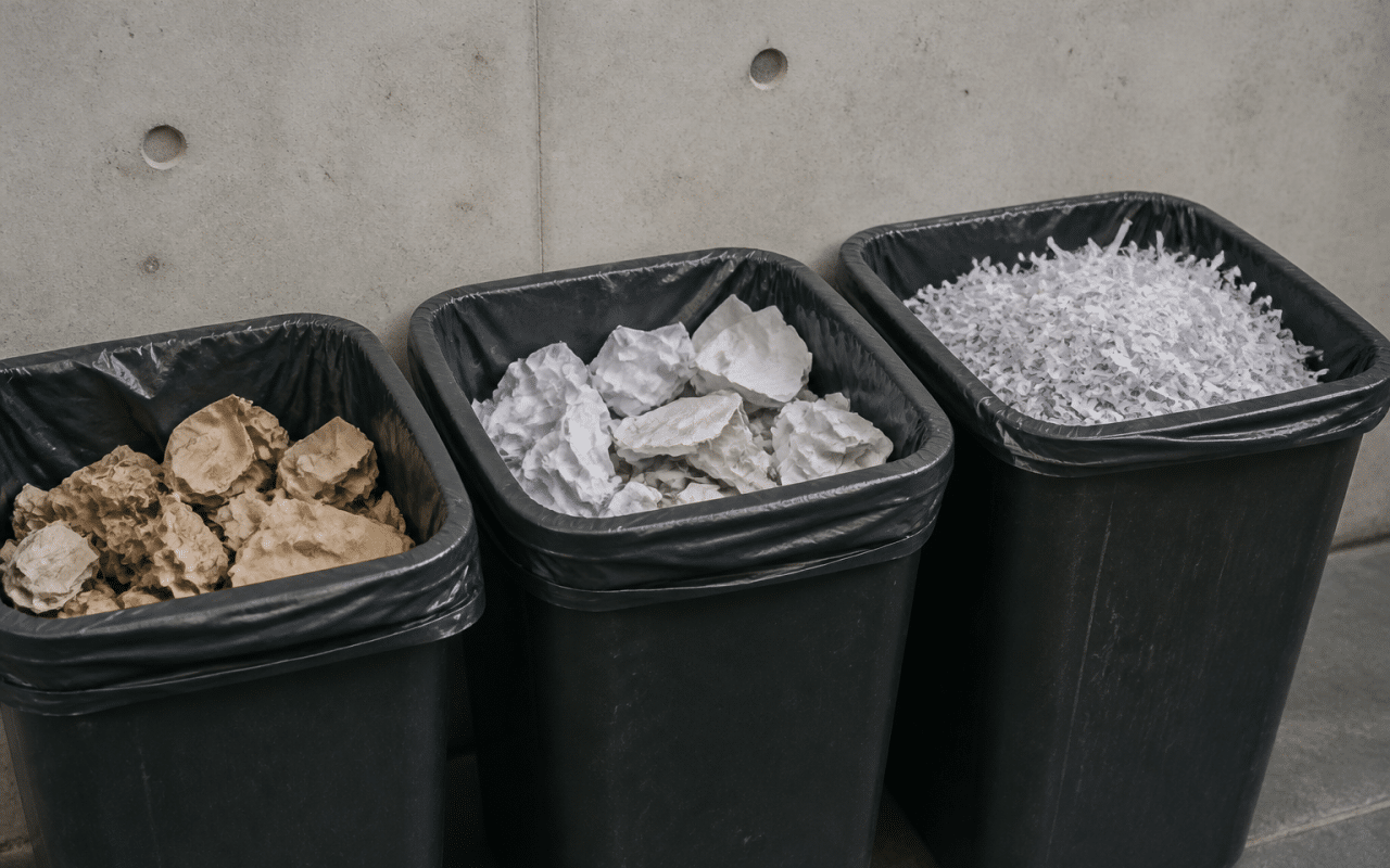 Trois poubelles alignees contenant papier usage de differentes textures