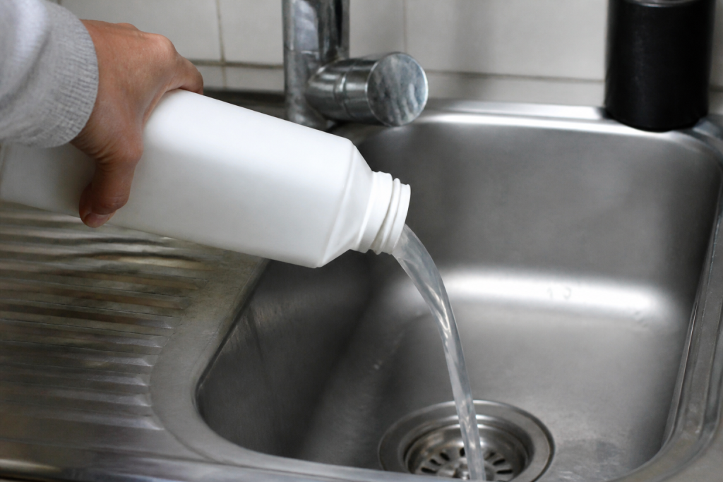 Bouteille de produit chimique versée dans un évier