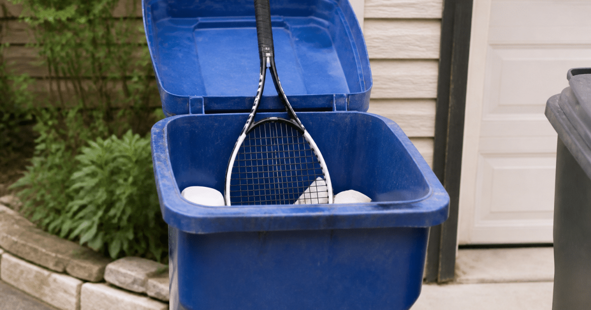 Raquette tennis posee verticalement dans bac recyclage ouvert