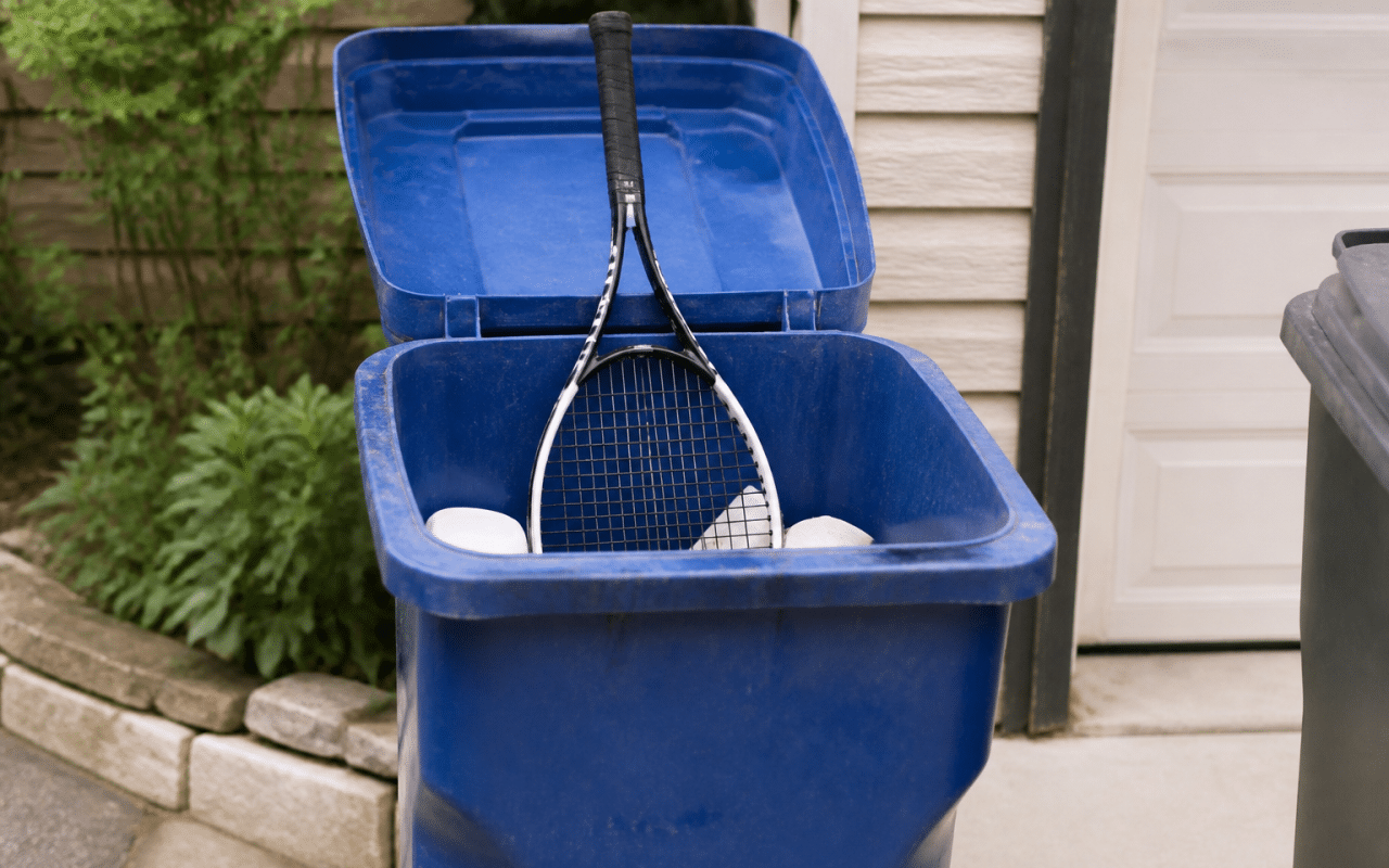 Raquette tennis posee verticalement dans bac recyclage ouvert