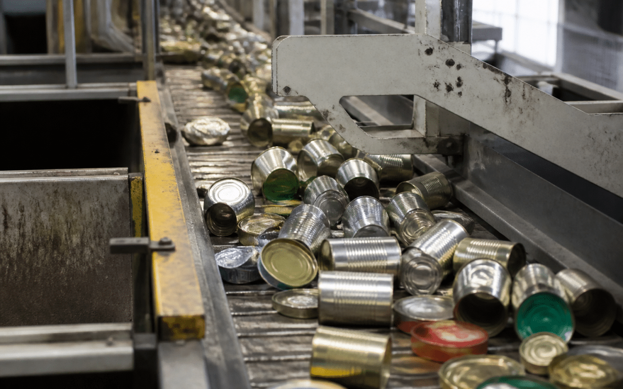 Boites metalliques triees sur convoyeur industriel automatise