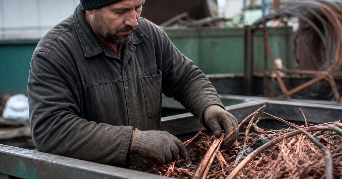 Ouvrier triant métaux cuivreux dans bac recyclage industriel