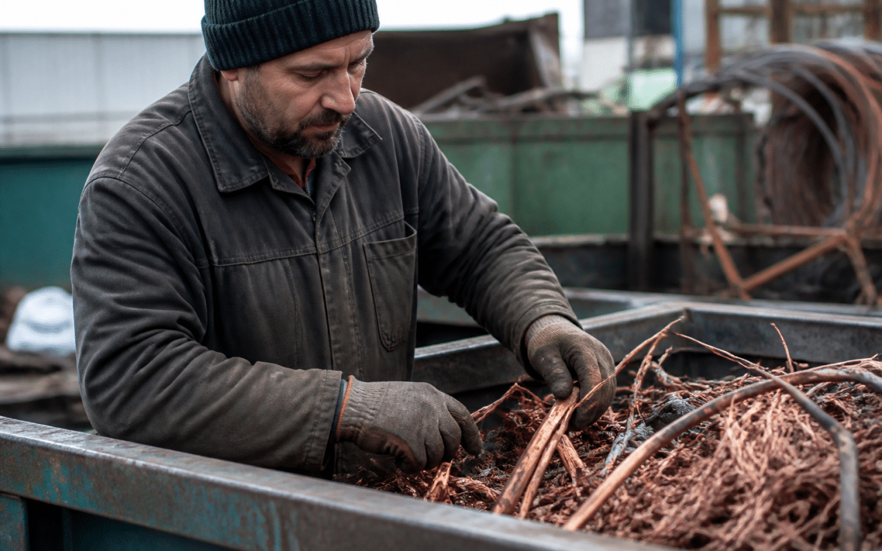 Ouvrier triant métaux cuivreux dans bac recyclage industriel